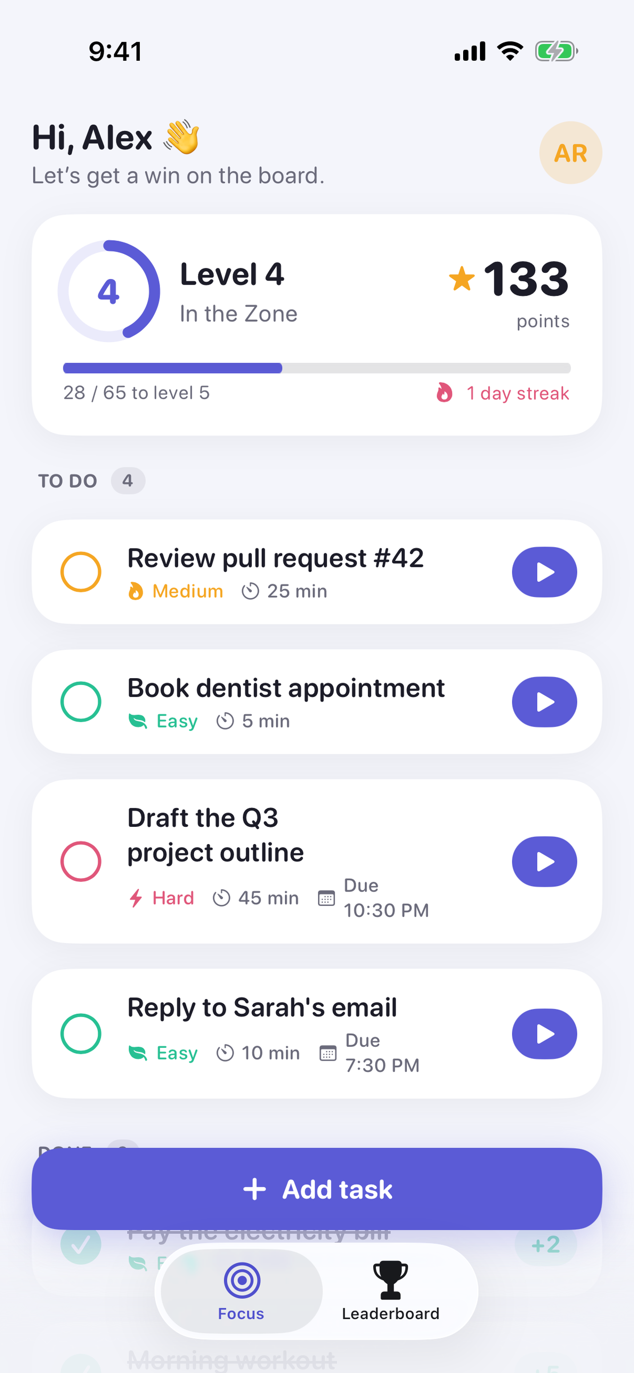 Focus home screen with tasks and points