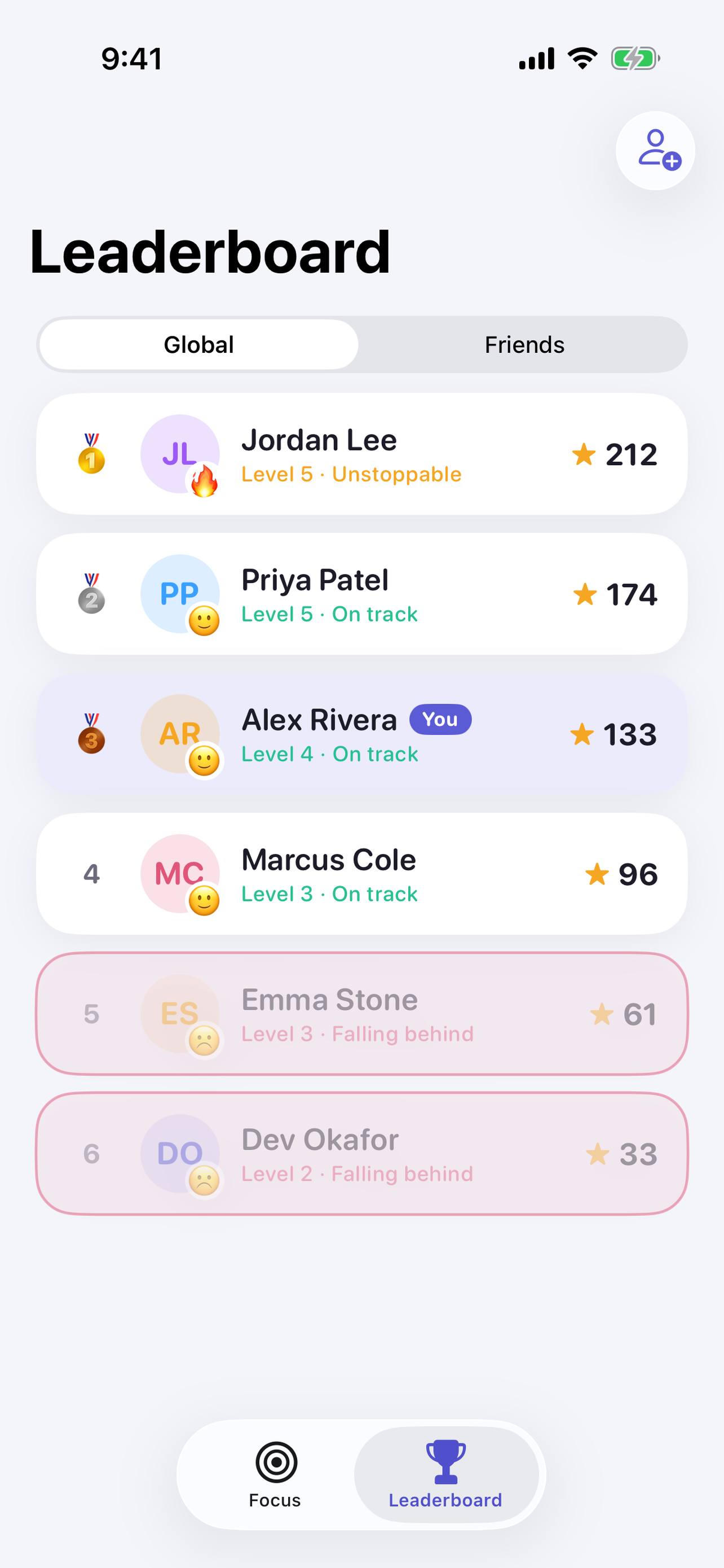 Global leaderboard with moods